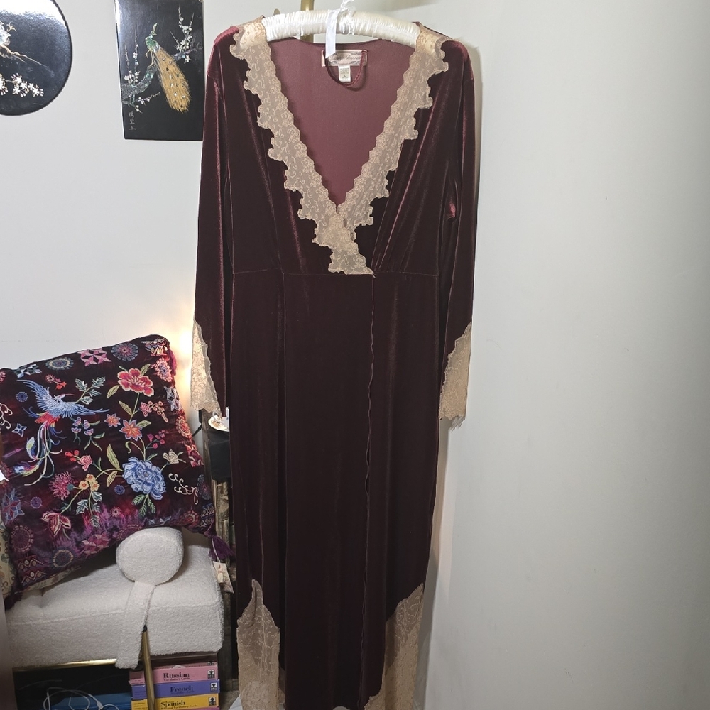 Jacalyn Bennett Burgundy Velvet Wrap Robe Dress with Lace Details